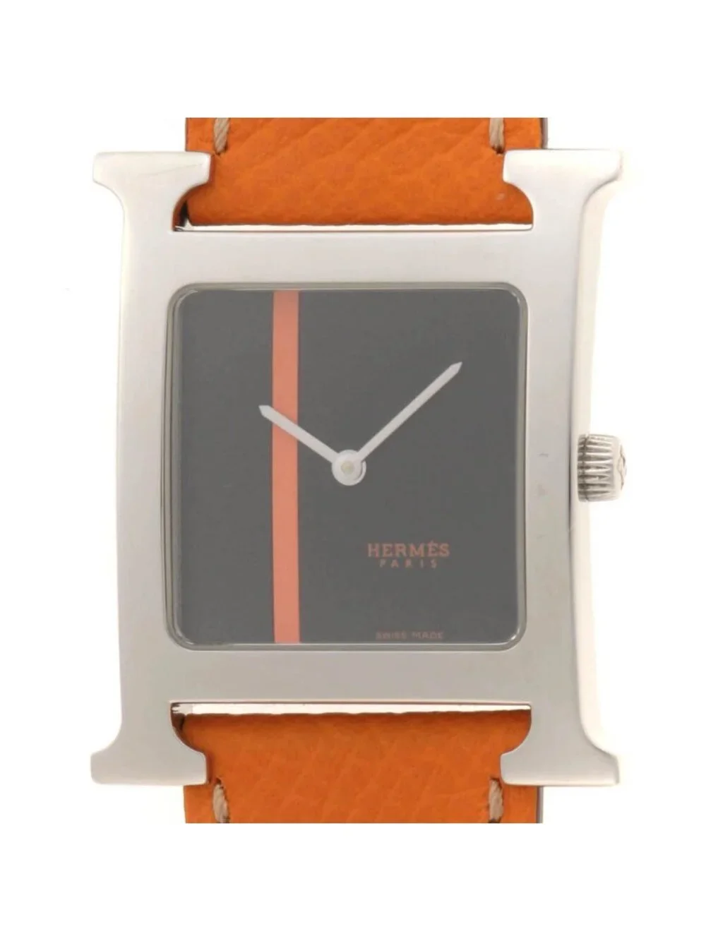 Hermes H Watch SS Stainless Steel Leather Strap Black Orange Line Dial Quartz